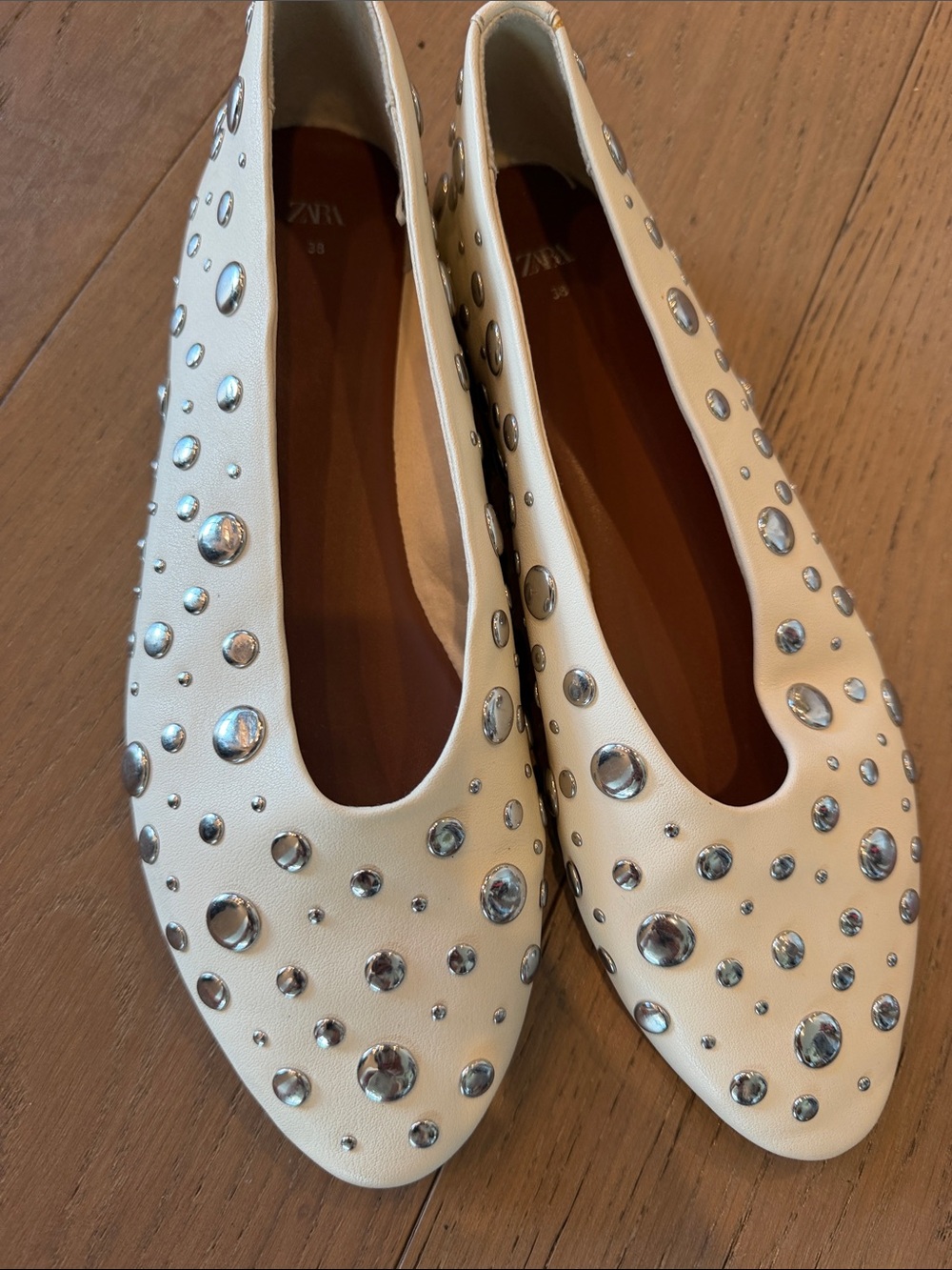 Zara Cream Leather Ballet Flats with Silver Stud Embellishments